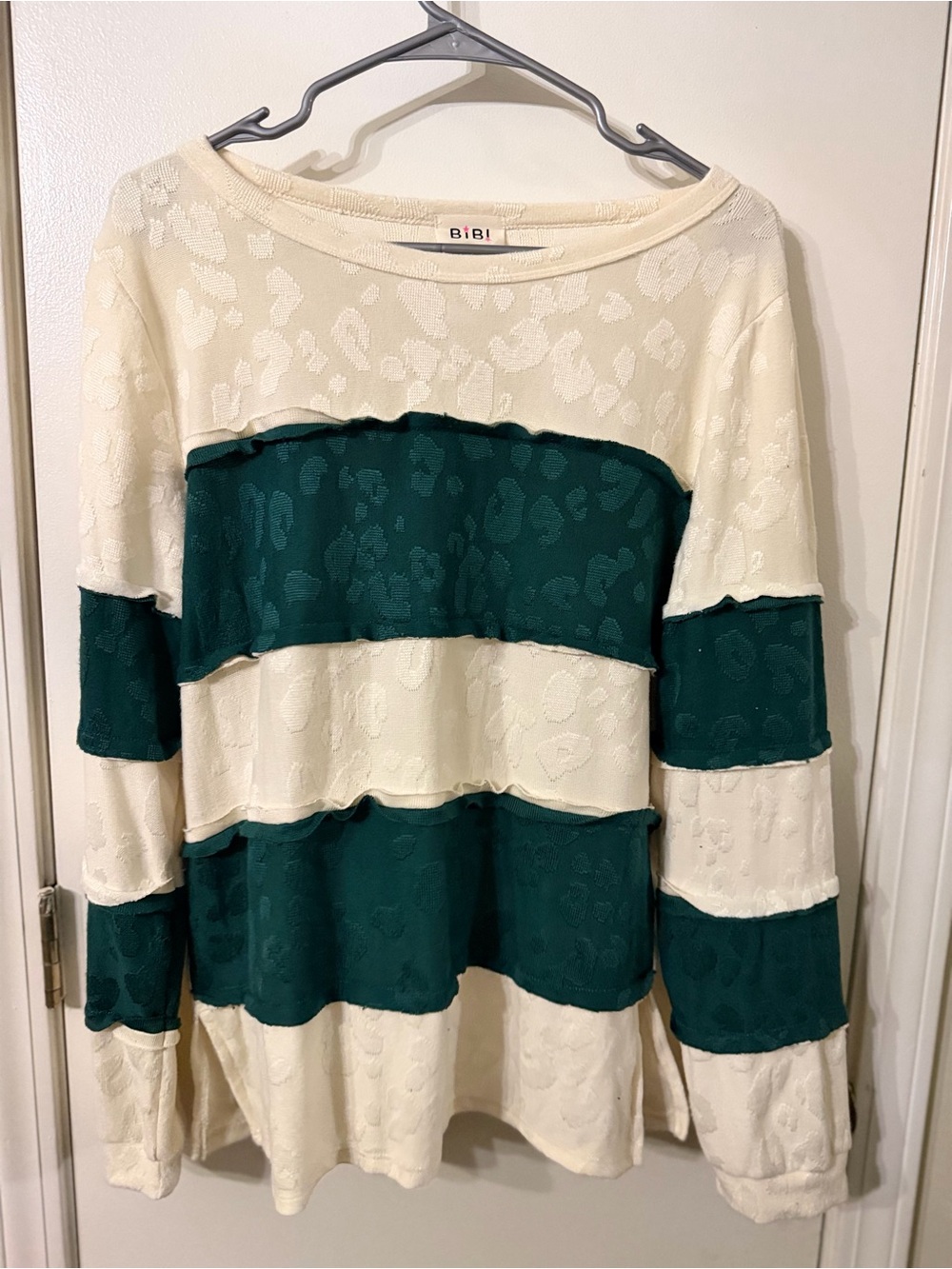 BiBi Cream and Dark Green Striped Long Sleeve Top